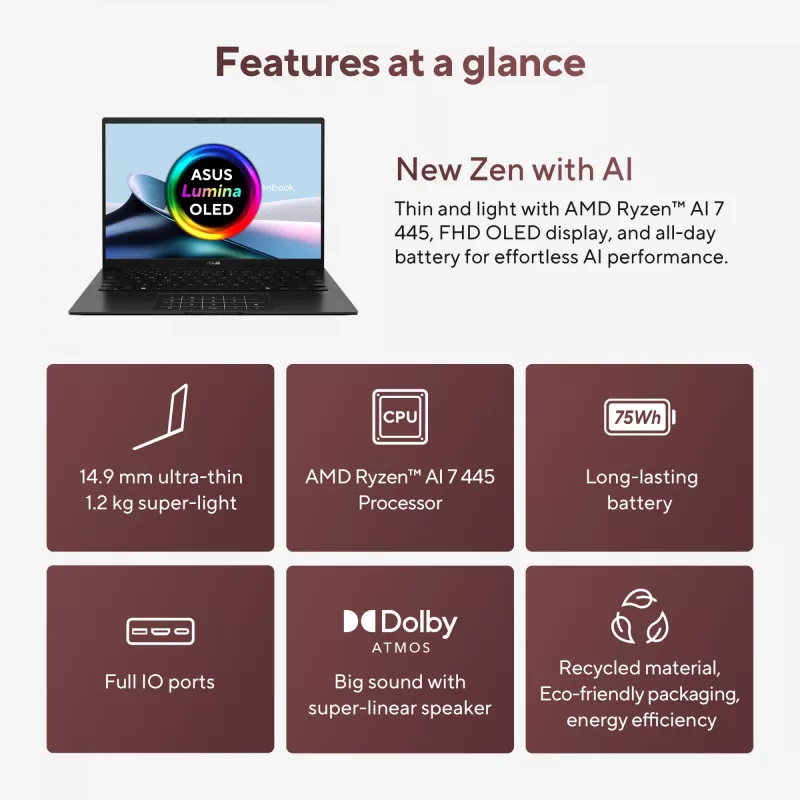 ASUS Zenbook 14 OLED UM3406GA-QD031W Copilot+ PC AMD Ryzen™ AI 7 445 Laptop 35.6 cm (14 Zoll) WUXGA 32 GB LPDDR5x-SDRAM 1 TB SSD Wi-Fi 6E (802.11ax) Windows 11 Home Niederländisch Schwarz