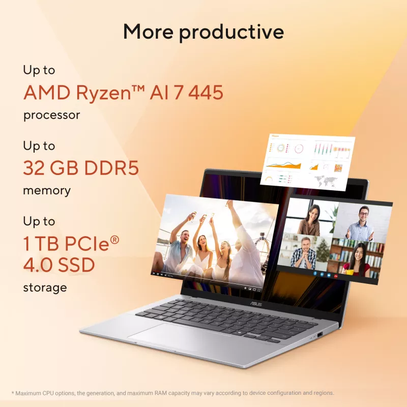 ASUS Vivobook 14 M1407GA-LY012W Copilot+ PC AMD Ryzen™ AI 7 445 Laptop 35,6 cm (14 Zoll) WUXGA 16 GB DDR5-SDRAM 512 GB SSD Wi-Fi 6 (802.11ax) Windows 11 Home Niederländisch Silber