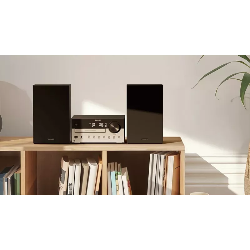 Home-Audio-Mikrosystem Philips TAM4205M2/12 — 80 W RMS, 2-Wege-Lautsprecher, Bluetooth, FM, LED-Anzeige, Schubladen-Disc-Ladevorgang (Schwarz/Silber)