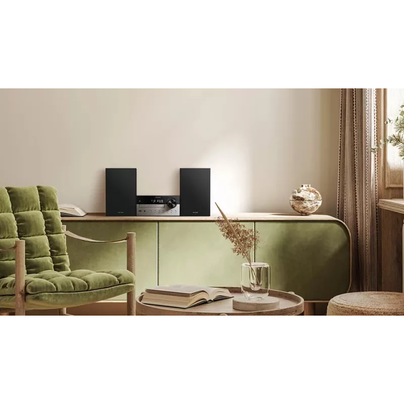 Home-Audio-Mikrosystem Philips TAM4205M2/12 — 80 W RMS, 2-Wege-Lautsprecher, Bluetooth, FM, LED-Anzeige, Schubladen-Disc-Ladevorgang (Schwarz/Silber)