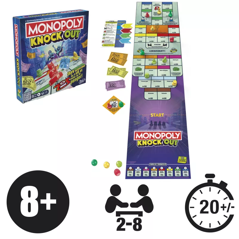 Monopoly Knockout Familienspiel, schnelle Brettspiele für Alter 8+, 2–8 Spieler, 20 Min.