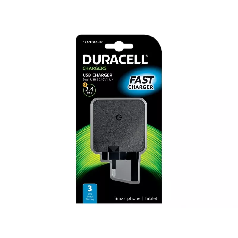 Duracell 2x2,4A USB Telefon/Tablet-Ladegerät, Innenbereich, AC, 5 V, Schwarz