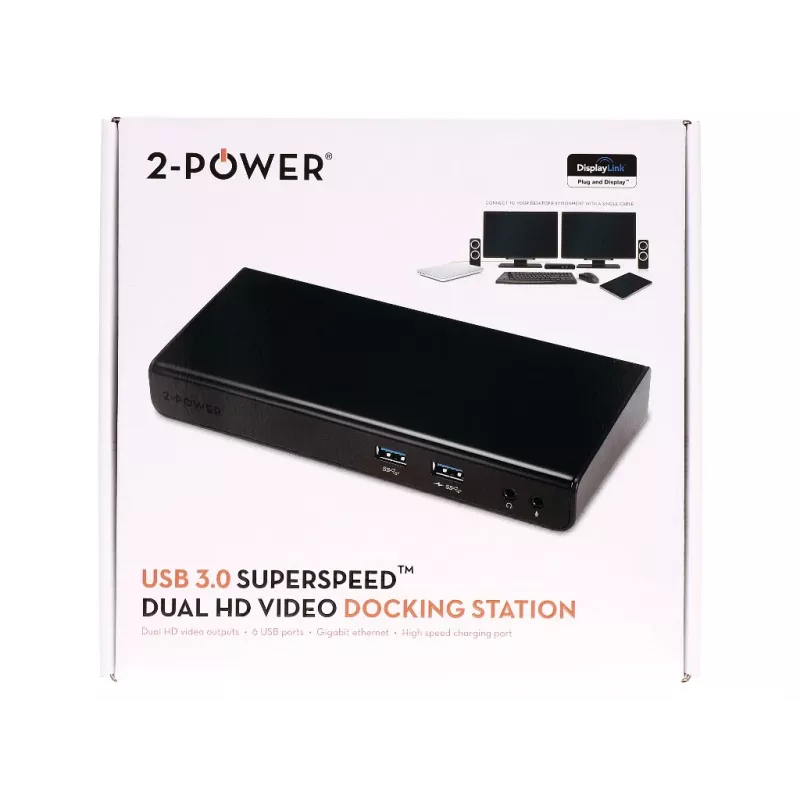 2-Power USB 3.0 Dual Display Docking Station, Docking, 3,5 mm, USB Type-A, USB Type-B, 10,100,1000 Mbit/s, Schwarz, 5 Gbit/s