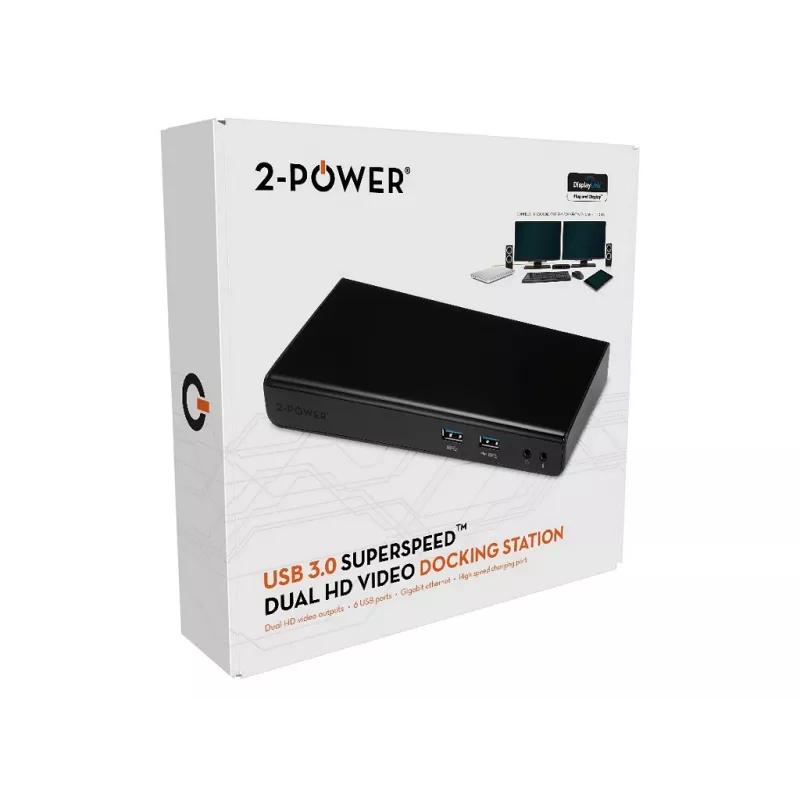 2-Power USB 3.0 Dual Display Docking Station, Docking, 3,5 mm, USB Type-A, USB Type-B, 10,100,1000 Mbit/s, Schwarz, 5 Gbit/s