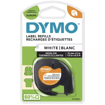 DYMO LetraTag Aufbügelbare Stoffetiketten | Original | 12 mm x 2 m Rolle | Schwarzer Druck auf Weiß | Aufbügelbare Kleidungsetiketten Ideal für Uniformen/Kinderkleidung | für LetraTag Drucker