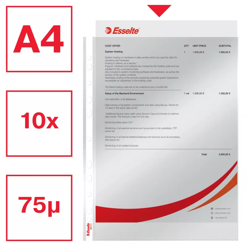 Esselte Pocket 75my A4, 210 x 297 mm (A4), Transparent, Polypropylene (PP), Hochformat, Oben, 0.075 mm