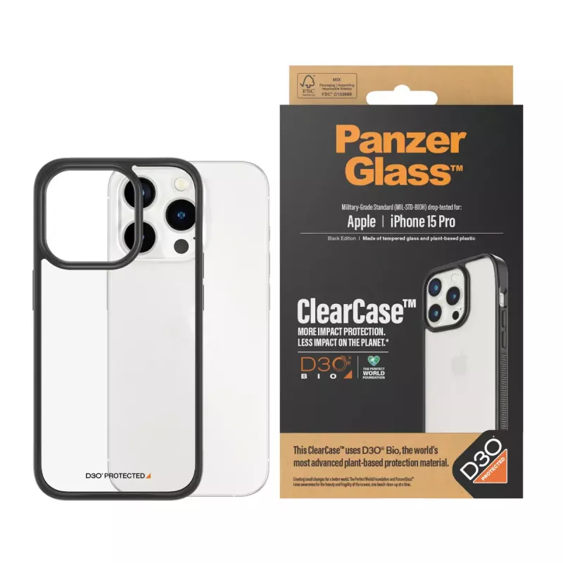PanzerGlass ® ClearCase Transparent mit schwarzem Rahmen & D3O® für iPhone 15 Pro