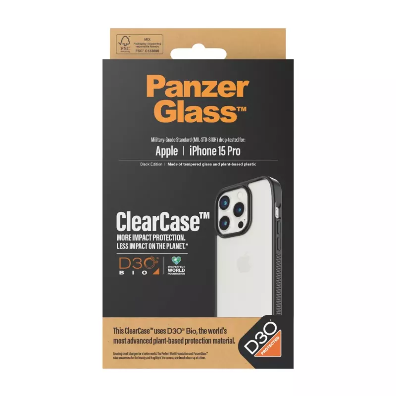 PanzerGlass ® ClearCase Transparent mit schwarzem Rahmen & D3O® für iPhone 15 Pro