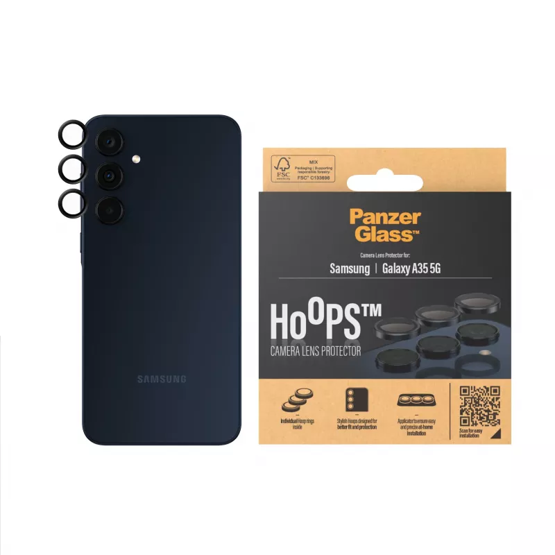 Kamera-Objektivschutz PanzerGlass Hoops für Samsung Galaxy A35 5G, gehärtetes Glas, schwarzer Rahmen