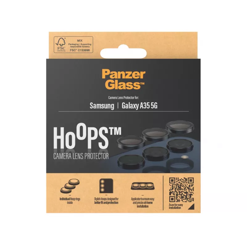Kamera-Objektivschutz PanzerGlass Hoops für Samsung Galaxy A35 5G, gehärtetes Glas, schwarzer Rahmen