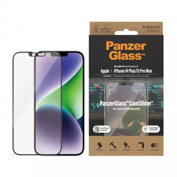 Klare Displayschutzfolie PanzerGlass CamSlider für Apple iPhone 14 Plus / 13 Pro Max, 6,68 Zoll, gehärtetes Glas, PET, antibakteriell