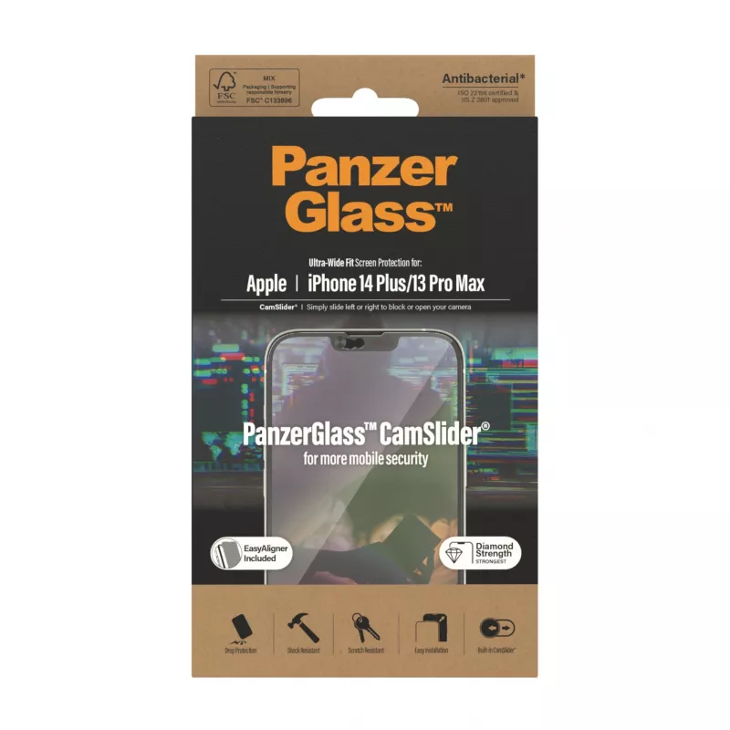 Klare Displayschutzfolie PanzerGlass CamSlider für Apple iPhone 14 Plus / 13 Pro Max, 6,68 Zoll, gehärtetes Glas, PET, antibakteriell