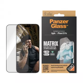 PanzerGlass ® ECO MATRIX Displayschutzfolie mit D3O® iPhone 15 Pro | Ultrabreite Passform mit AlignerKit