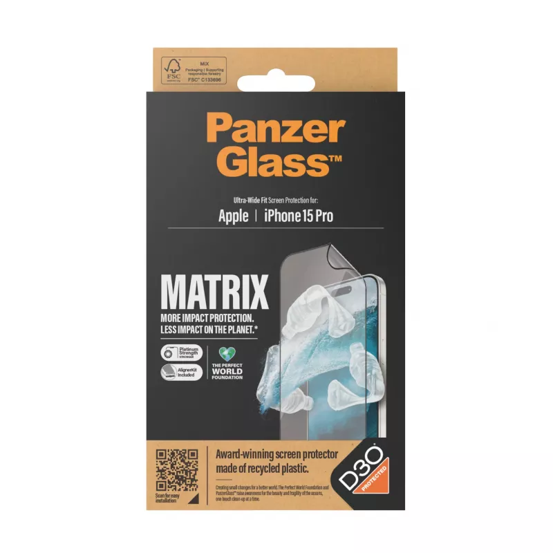 PanzerGlass ® ECO MATRIX Displayschutzfolie mit D3O® iPhone 15 Pro | Ultrabreite Passform mit AlignerKit