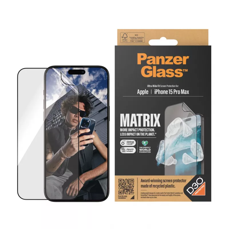 PanzerGlass ® ECO MATRIX Displayschutzfolie mit D3O® iPhone 15 Pro Max | Ultra-Wide Fit mit AlignerKit