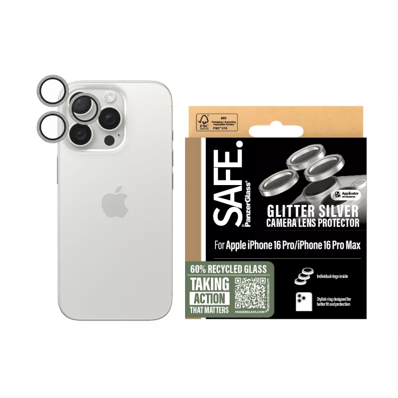 PanzerGlass SAFE. by ® Kamera-Linsenschutz Glitzer Silber iPhone 16 Pro | 16 Pro Max