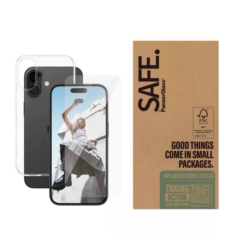 Clear screen protector bundle PanzerGlass SAFE. by ® for iPhone 16 — gehärtetes Glas + PET + Silikon, transparent, 50 Stück