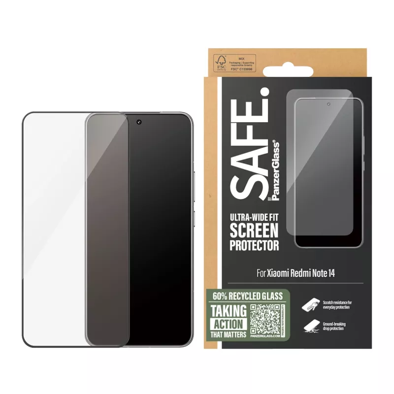 PanzerGlass SAFE. by ® Displayschutzfolie mit schwarzem Rahmen Xiaomi Redmi Note 14 | Ultra-Wide Fit