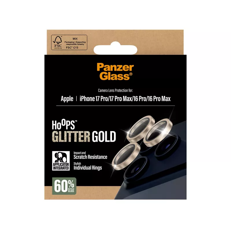 PanzerGlass® Hoops® Kameraobjektivschutz Glitzer Gold iPhone 17 Pro | iPhone 17 Pro Max | iPhone 16 Pro | 16 Pro Max