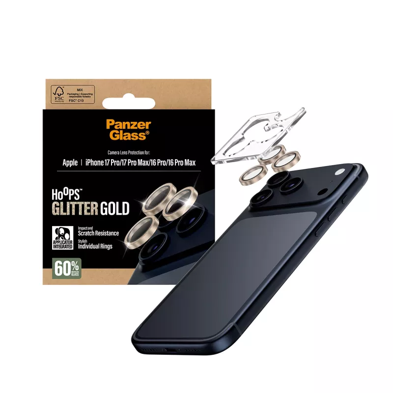 PanzerGlass® Hoops® Kameraobjektivschutz Glitzer Gold iPhone 17 Pro | iPhone 17 Pro Max | iPhone 16 Pro | 16 Pro Max