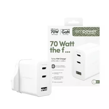 PanzerGlass empower™ by ® Turbo 70W Mehrfach-Ladegerät inkl. 2 x USB-C + USB-A | UK-Stecker | Silberweiß