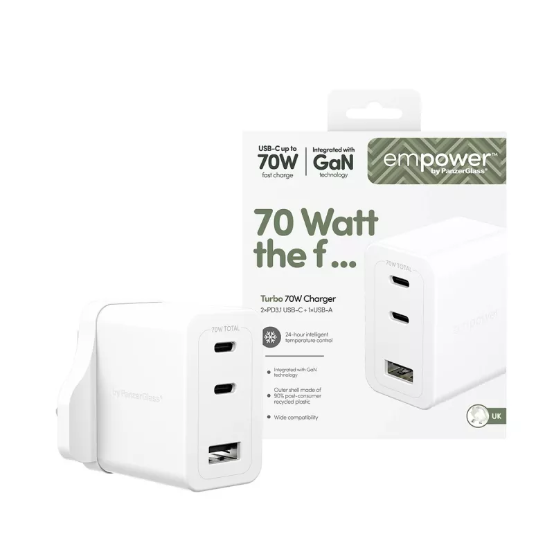 PanzerGlass empower™ by ® Turbo 70W Mehrfach-Ladegerät inkl. 2 x USB-C + USB-A | UK-Stecker | Silberweiß