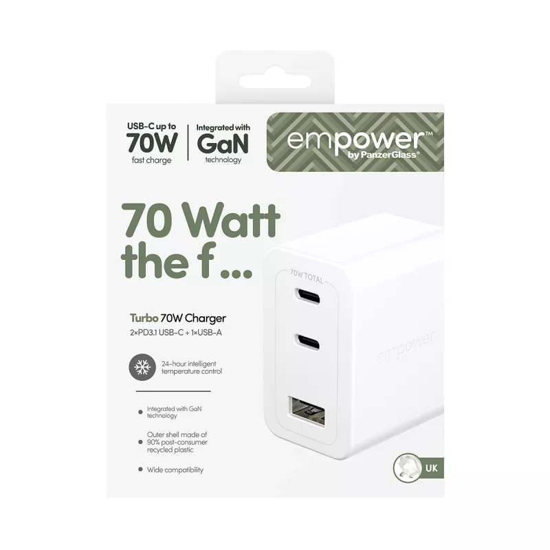 PanzerGlass empower™ by ® Turbo 70W Mehrfach-Ladegerät inkl. 2 x USB-C + USB-A | UK-Stecker | Silberweiß