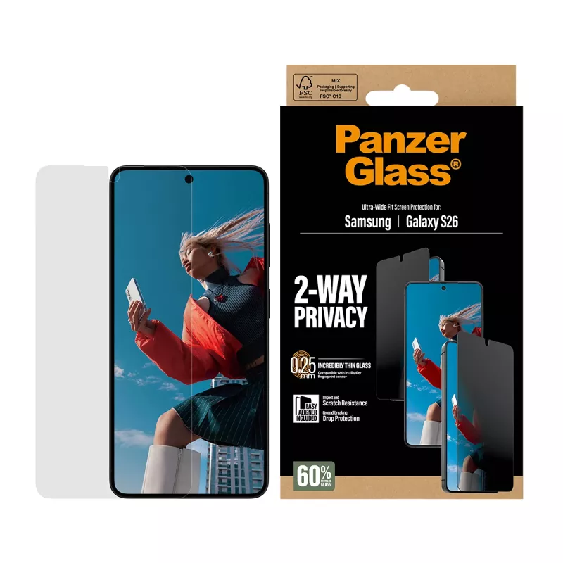 PanzerGlass 2-Way Privacy Screen Protector für Samsung Galaxy S26 — Ultra-Wide Fit, PET + Silicone, kratz- und stoßfest