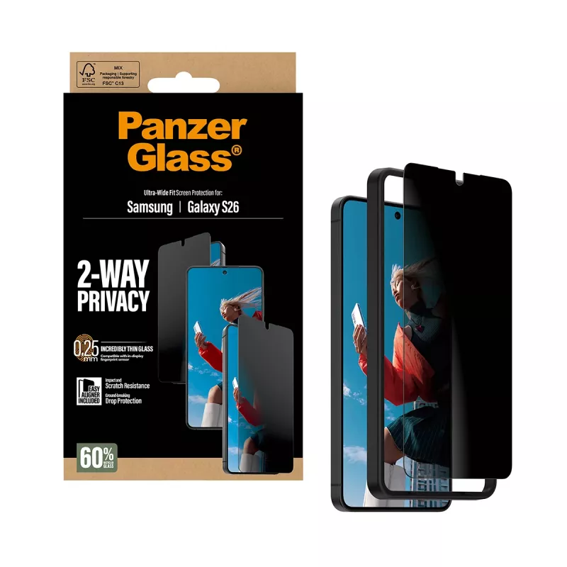 PanzerGlass 2-Way Privacy Screen Protector für Samsung Galaxy S26 — Ultra-Wide Fit, PET + Silicone, kratz- und stoßfest
