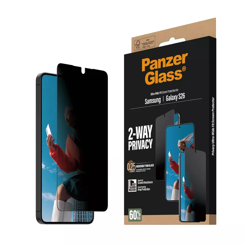 PanzerGlass 2-Way Privacy Screen Protector für Samsung Galaxy S26 — Ultra-Wide Fit, PET + Silicone, kratz- und stoßfest