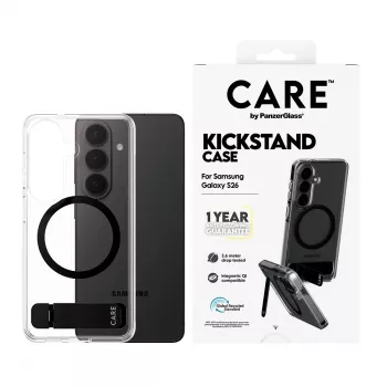 Schutzhülle PanzerGlass CARE™ Urban Explorer Case für Samsung Galaxy S26, transparent mit schwarzem Aufsteller und Qi-Unterstützung