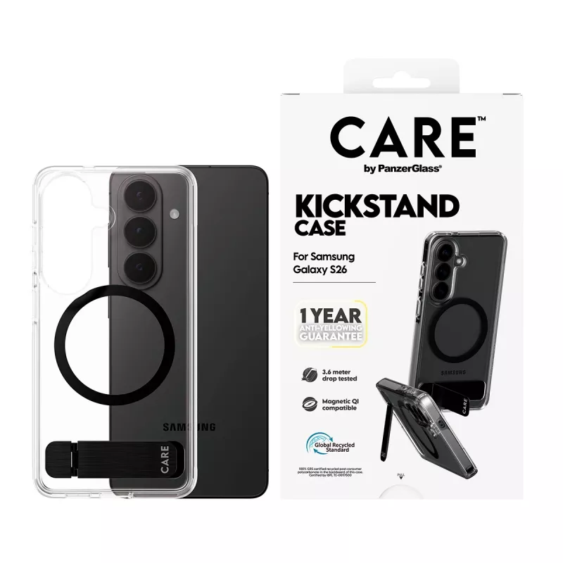 Schutzhülle PanzerGlass CARE™ Urban Explorer Case für Samsung Galaxy S26, transparent mit schwarzem Aufsteller und Qi-Unterstützung
