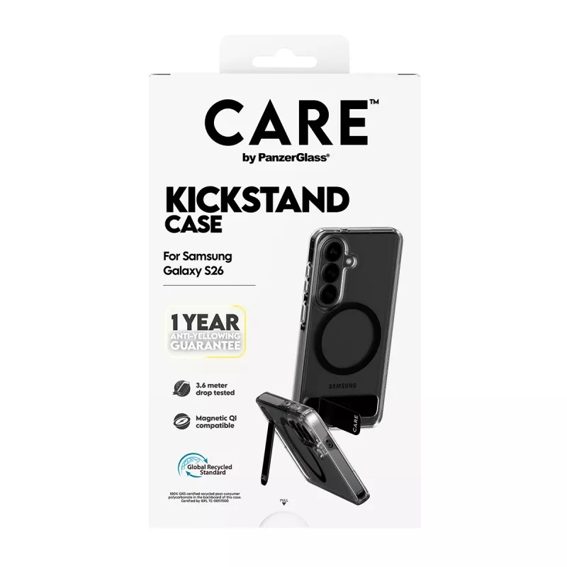 Schutzhülle PanzerGlass CARE™ Urban Explorer Case für Samsung Galaxy S26, transparent mit schwarzem Aufsteller und Qi-Unterstützung