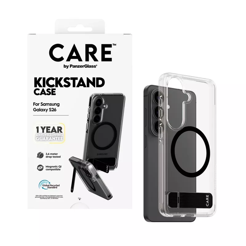 Schutzhülle PanzerGlass CARE™ Urban Explorer Case für Samsung Galaxy S26, transparent mit schwarzem Aufsteller und Qi-Unterstützung