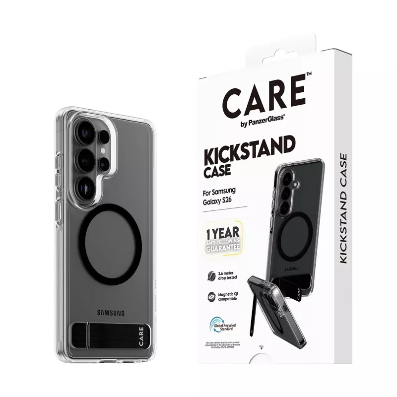 Schutzhülle PanzerGlass CARE™ Urban Explorer Case für Samsung Galaxy S26, transparent mit schwarzem Aufsteller und Qi-Unterstützung