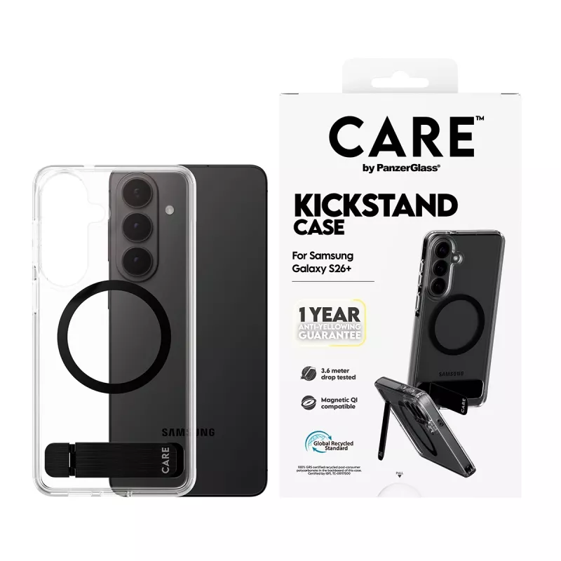 PanzerGlass CARE™ by ® Hülle Transparent mit schwarzem Kickstand & Qi Samsung Galaxy S26+