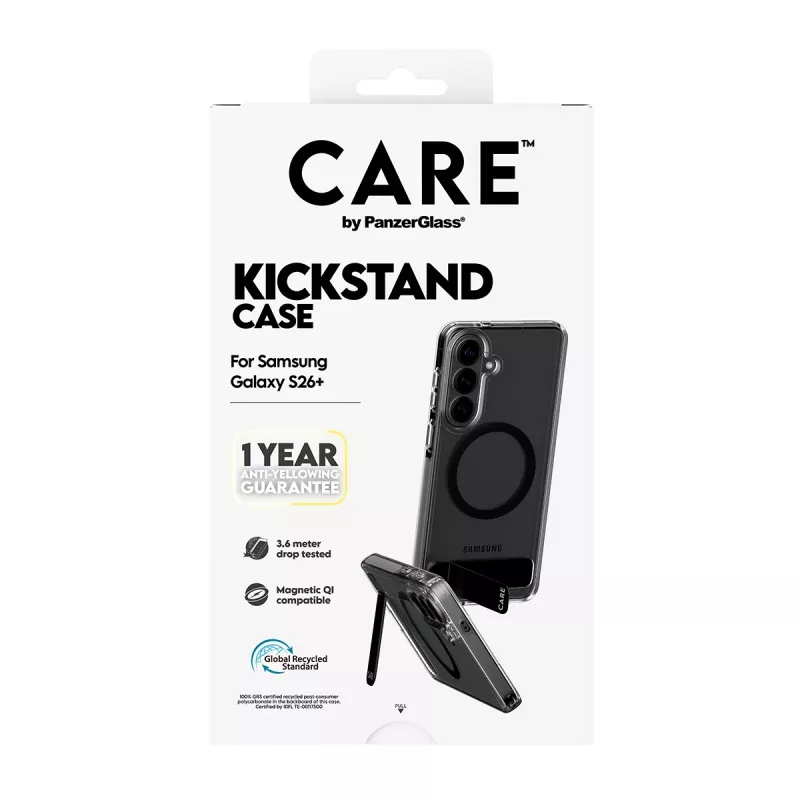 PanzerGlass CARE™ by ® Hülle Transparent mit schwarzem Kickstand & Qi Samsung Galaxy S26+