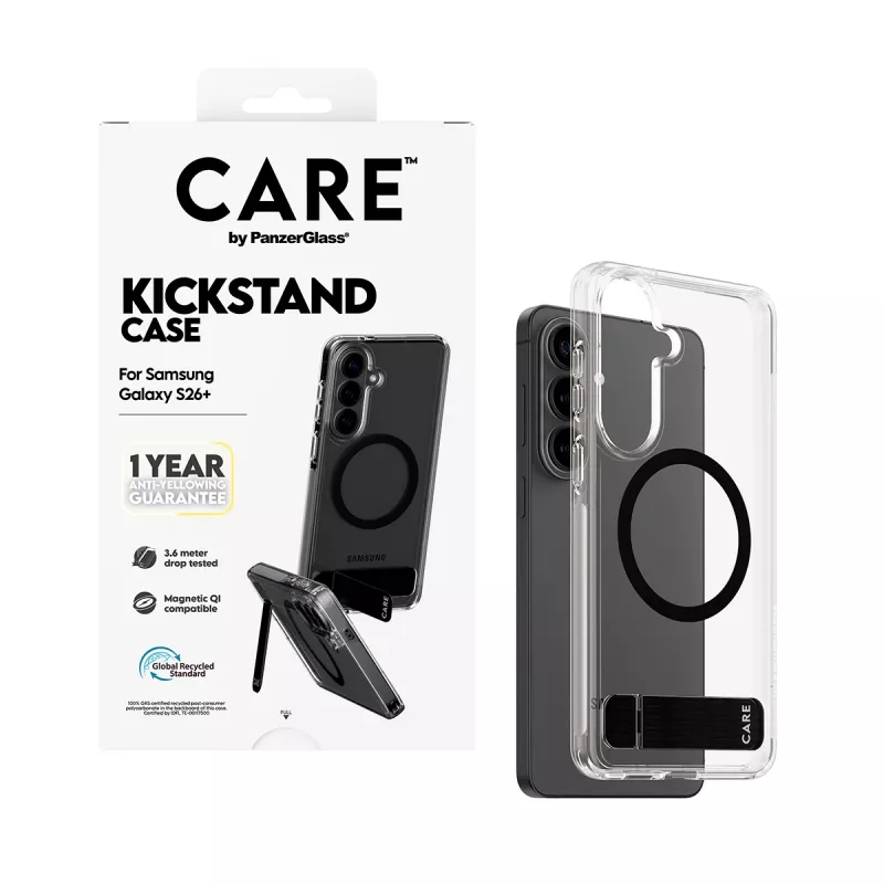 PanzerGlass CARE™ by ® Hülle Transparent mit schwarzem Kickstand & Qi Samsung Galaxy S26+