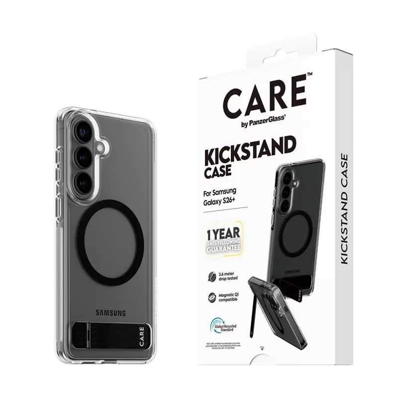 PanzerGlass CARE™ by ® Hülle Transparent mit schwarzem Kickstand & Qi Samsung Galaxy S26+