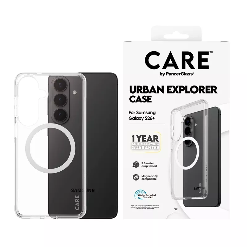 Schutzhülle PanzerGlass CARE Urban Explorer Case für Samsung Galaxy S26+ — transparent, weiß Qi-kompatibel