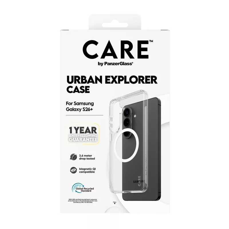 Schutzhülle PanzerGlass CARE Urban Explorer Case für Samsung Galaxy S26+ — transparent, weiß Qi-kompatibel