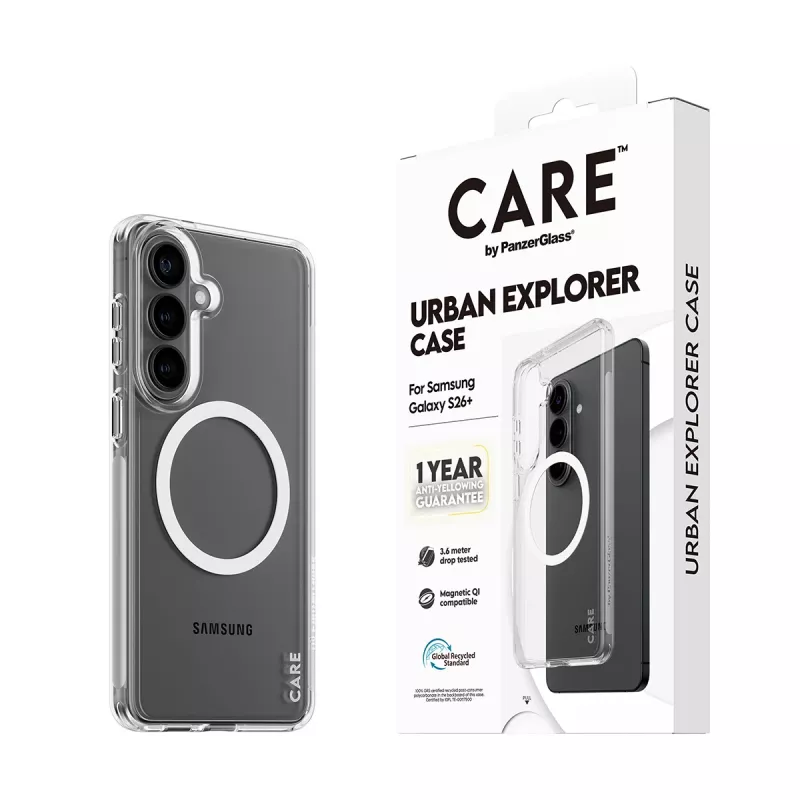 Schutzhülle PanzerGlass CARE Urban Explorer Case für Samsung Galaxy S26+ — transparent, weiß Qi-kompatibel