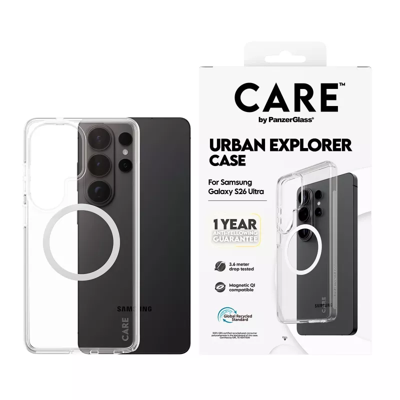 Handyhülle PanzerGlass CARE™ by Urban Explorer — Transparente Hülle mit White Qi für Samsung Galaxy S26 Ultra