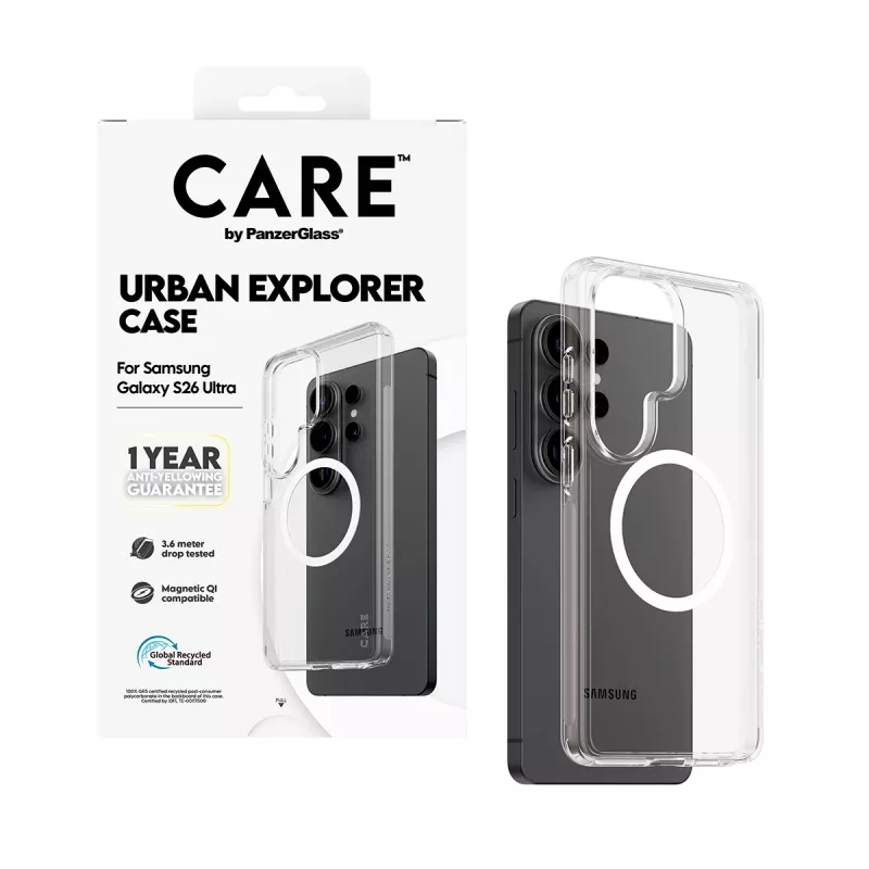 Handyhülle PanzerGlass CARE™ by Urban Explorer — Transparente Hülle mit White Qi für Samsung Galaxy S26 Ultra