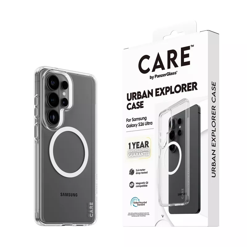 Handyhülle PanzerGlass CARE™ by Urban Explorer — Transparente Hülle mit White Qi für Samsung Galaxy S26 Ultra
