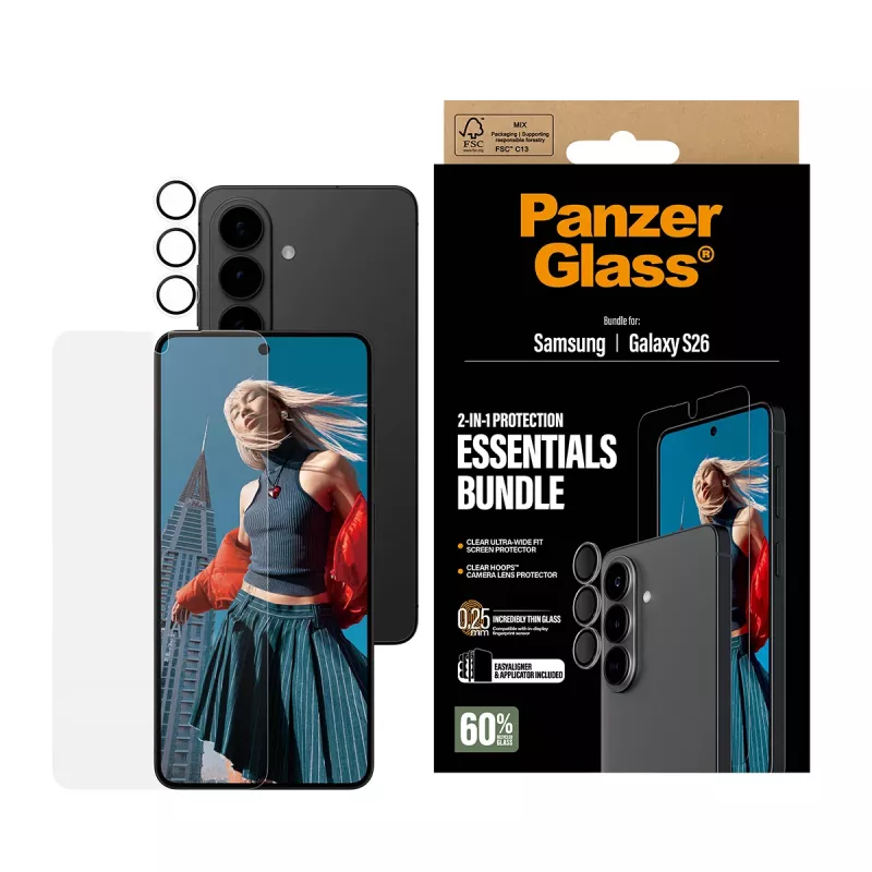 PanzerGlass Displayschutz-Bundle für Samsung Galaxy S26 — Hoops 2-in-1 Ultra-Wide Fit, gehärtetes Glas + PET-/Silikonschichten