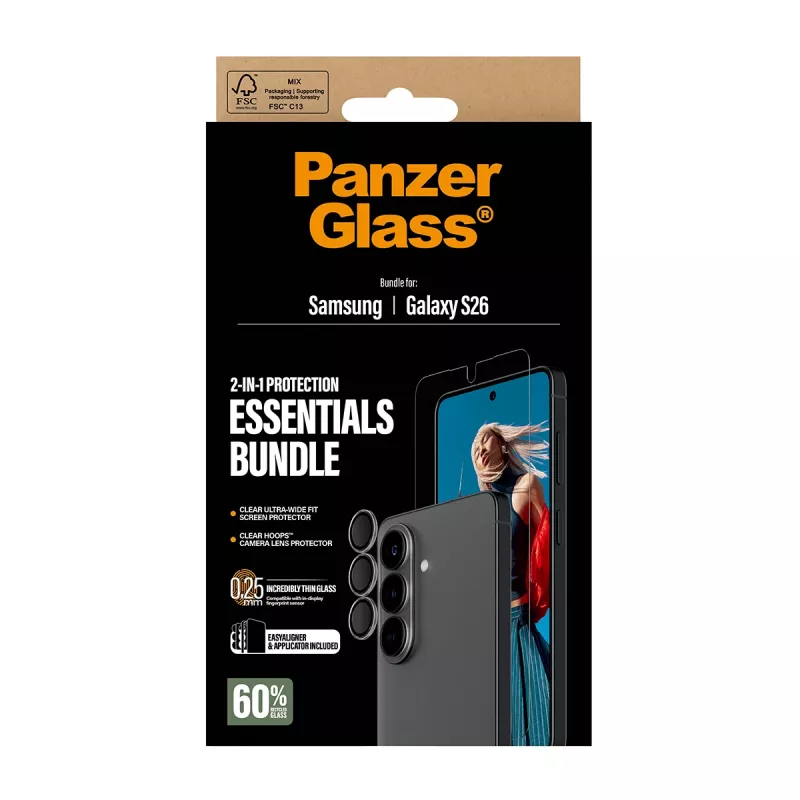 PanzerGlass Displayschutz-Bundle für Samsung Galaxy S26 — Hoops 2-in-1 Ultra-Wide Fit, gehärtetes Glas + PET-/Silikonschichten