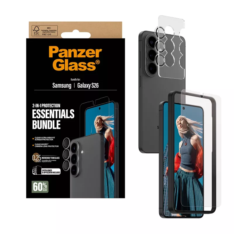 PanzerGlass Displayschutz-Bundle für Samsung Galaxy S26 — Hoops 2-in-1 Ultra-Wide Fit, gehärtetes Glas + PET-/Silikonschichten