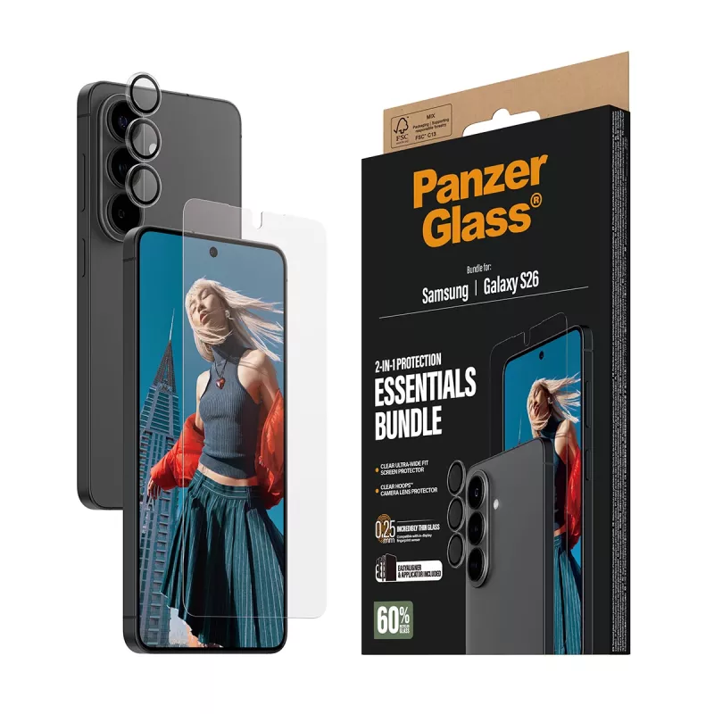PanzerGlass Displayschutz-Bundle für Samsung Galaxy S26 — Hoops 2-in-1 Ultra-Wide Fit, gehärtetes Glas + PET-/Silikonschichten