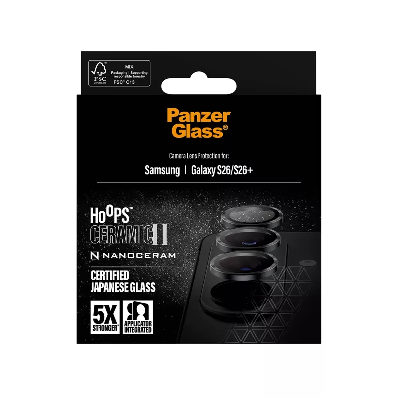 Kamera-Objektivschutz PanzerGlass Hoops Ceramic II für Samsung Galaxy S26 / S26+, gehärtetes Glas, Silikon, transparent